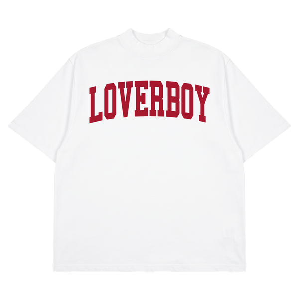 A white short-sleeve mockneck  t-shirt with the word 'LOVERBOY' printed across the chest in red collegiate-style block letters, shown against a plain white background.