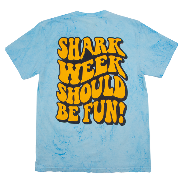 A light blue marble t-shirt shown from the back, featuring a large retro-style graphic that reads 'SHARK WEEK SHOULD BE FUN!' in bold yellow letters with black outlines.