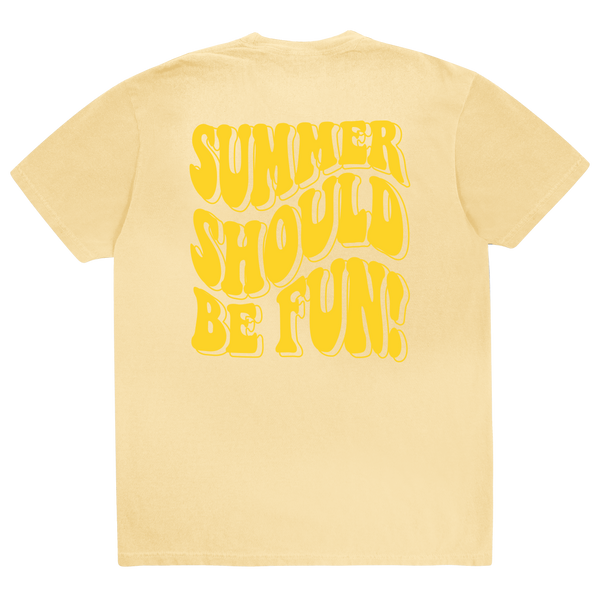 A pale yellow t-shirt shown from the back, featuring a large retro-style yellow graphic text that reads 'SUMMER SHOULD BE FUN!' with small anchor icons integrated into the letters.
