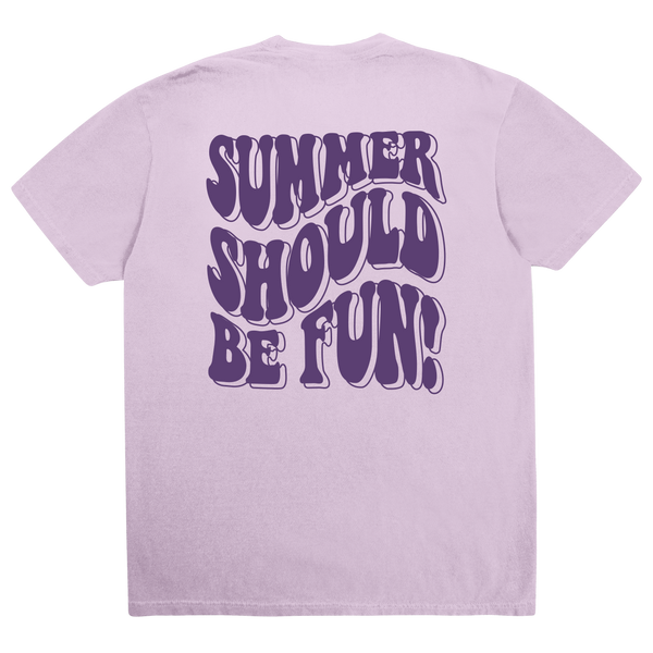A light lavender short-sleeve t-shirt shown from the back, featuring a large retro-style graphic text that reads 'SUMMER SHOULD BE FUN!' in dark purple bubble letters with a white outline.
