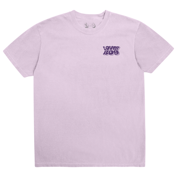 A light lavender crewneck t-shirt with a small purple graphic on the left chest that reads 'LOVE BOYS' in a retro bubble font, displayed flat against a white background.
