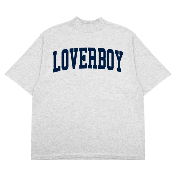 Grey t-shirt with 'LOVERBOY' printed in navy on a white background. Mockneck style.