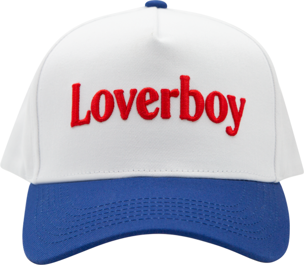 Loverboy Classic Hat - 5 Panel White Hat with Royal Blue Bill + Loverboy Red 3D embroidery