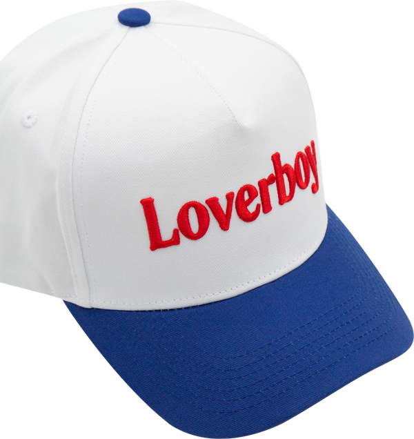 Loverboy Classic Hat - 5 Panel White Hat with Royal Blue Bill + Loverboy Red 3D embroidery
